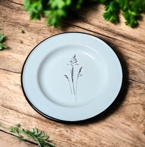Talerz płytki - średnica 24 cm - biały  z trawkami